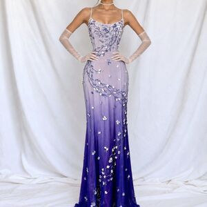 Vintage Y2K Purple Ombre Floral Applique Beaded Maxi Formal Prom Dress Size S